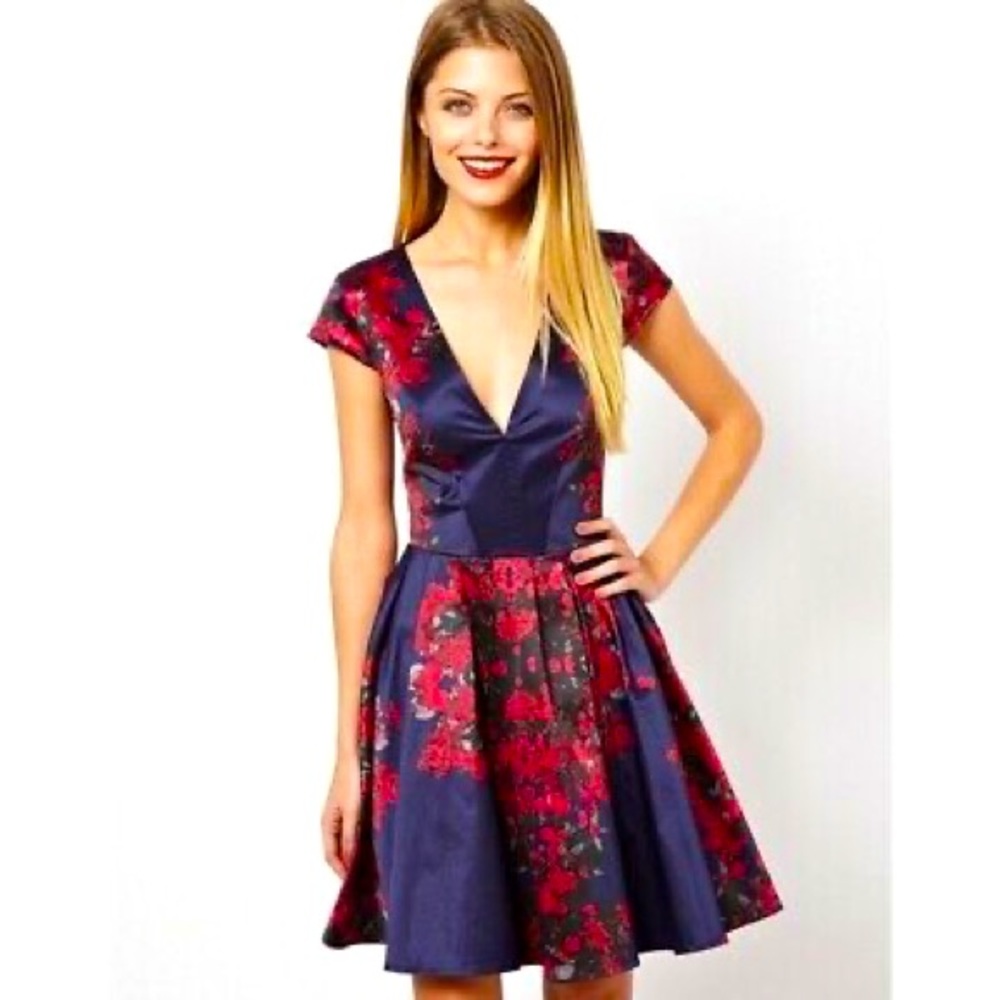 ASOS Floral skater dress navy blue and red Size 4